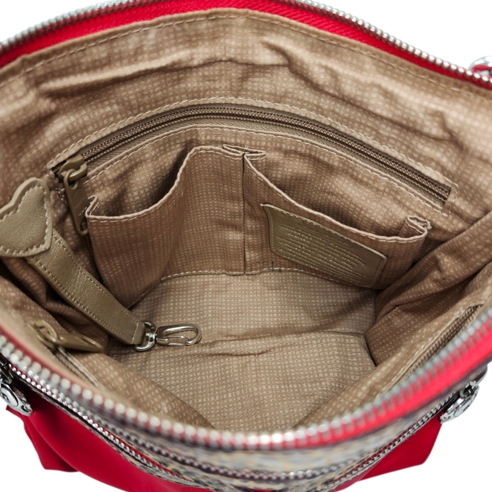 Brighton GoGo Red Nylon Black-Tan Snake Print Leather Convertable Crossbody Bag - Picture 10 of 16